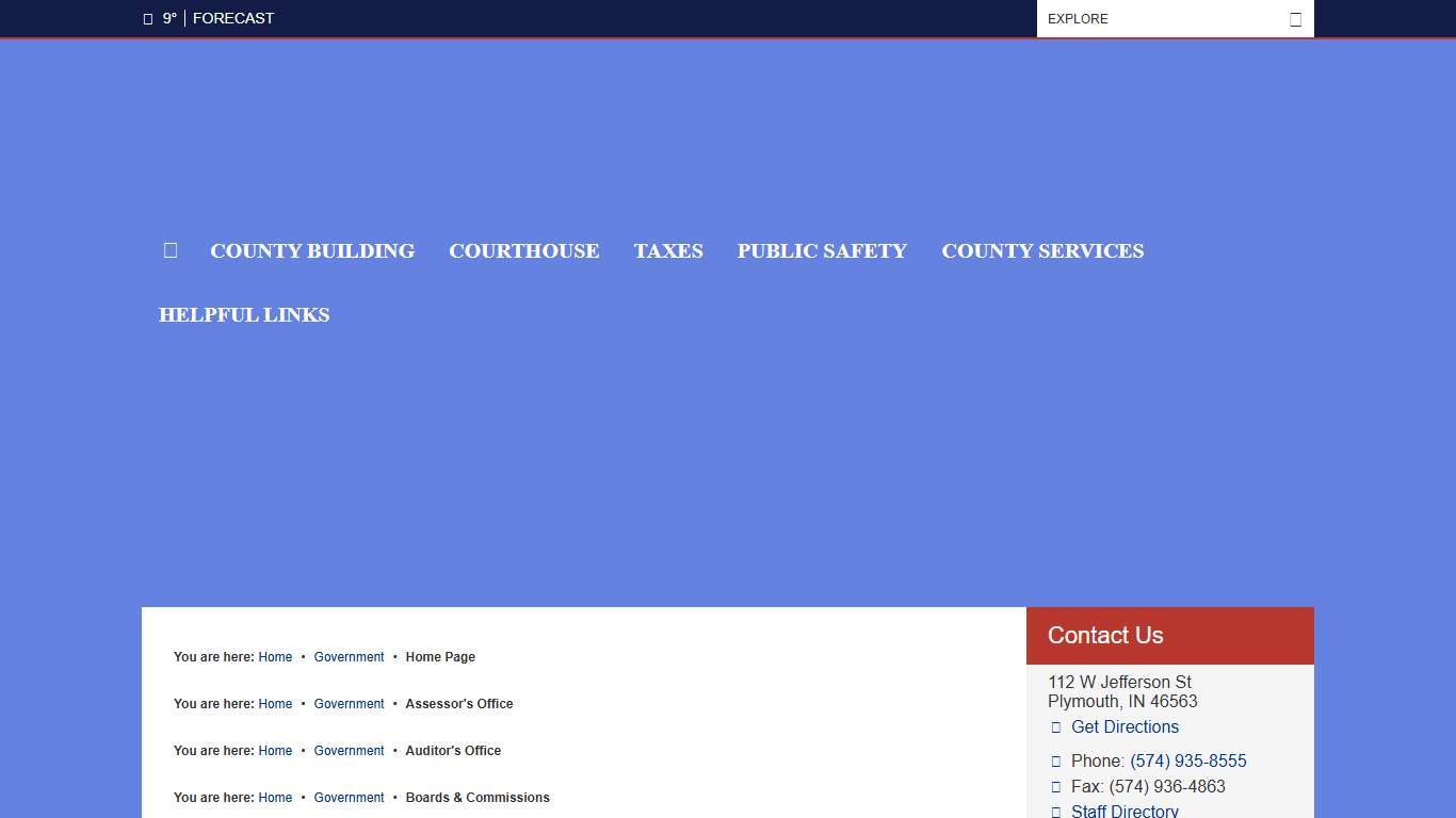 Home PageAssessor's OfficeAuditor's OfficeBoards & CommissionsBuilding DepartmentClerk's OfficeCoroner's OfficeCounty CouncilCounty CommissionersCourts DepartmentEmergency ManagementHealth DepartmentHighway DepartmentPlanning DepartmentProbation OfficeProsecutor's OfficeRecorder's OfficeSheriff's OfficeSoil and Water Conservation DistrictSolid Waste / Marshall County, IN